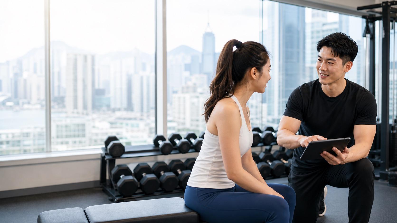 香港私人健身教練與學員在健身室內討論減脂訓練計劃